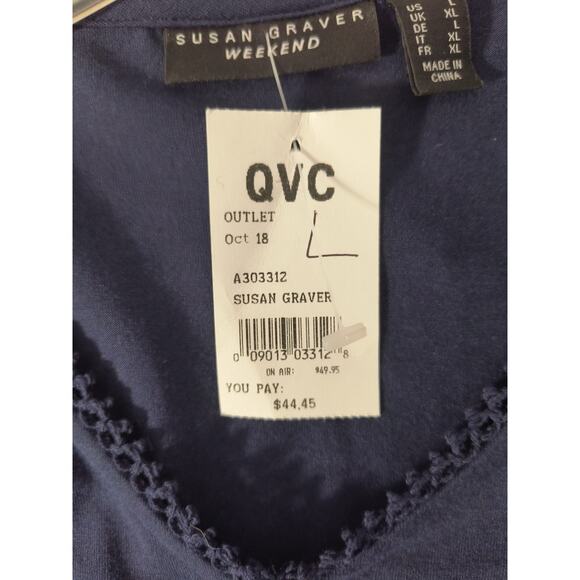 Susan Graver Weekend Embroidered Top Women's Sz L Navy Blue Long Sleeve Popover - Picture 4 of 14